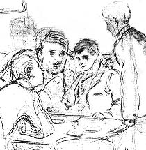 Caricatura di J.-Franois Matet - Wilde a Parigi nel 1898-1900 ca., circondato da gigolos