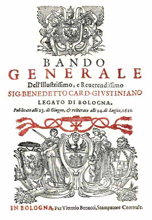 Frontespizio del Bando generale, Bologna 1610